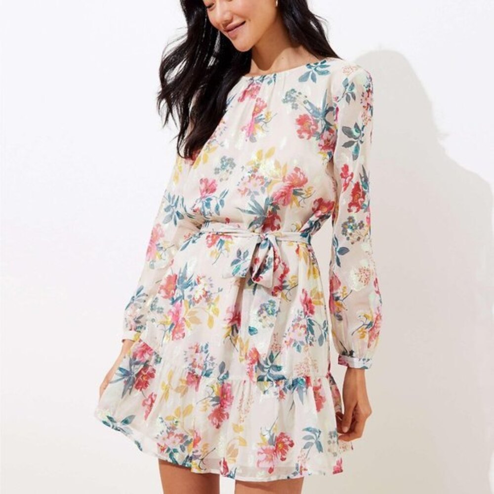Loft Floral Metallic Shimmer Flounce Dress (NWT)